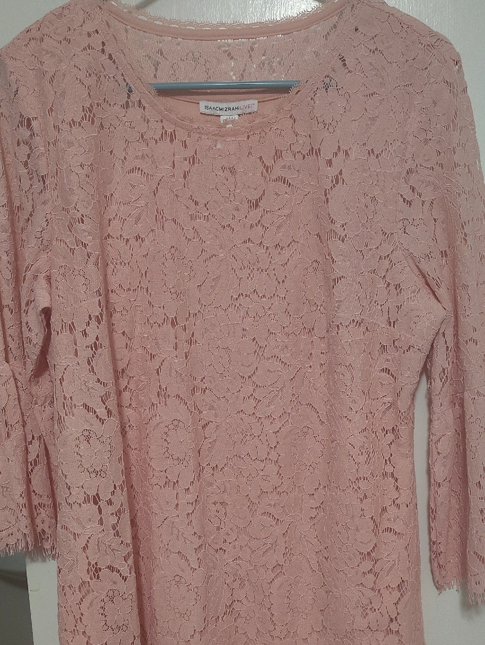 Isaac Mizrahi Blush Pink Lace Long-Sleeve Tee W/BUILT IN BLOUSE UNDER LACE